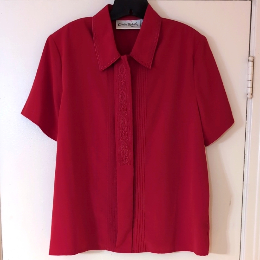 Vintage CLAUDIA RICHARD Red Pleated Button Down Blouse w/ Pintucks & Embroidery